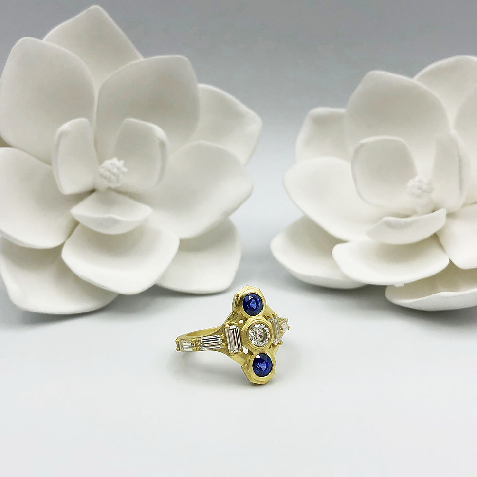 Thumbnail: Custom Sapphire, Round Brilliant Cut Diamond and Baguette Deco-Inspired Ring in 18k Recycled Gold; Heirloom Jewelry Redesign