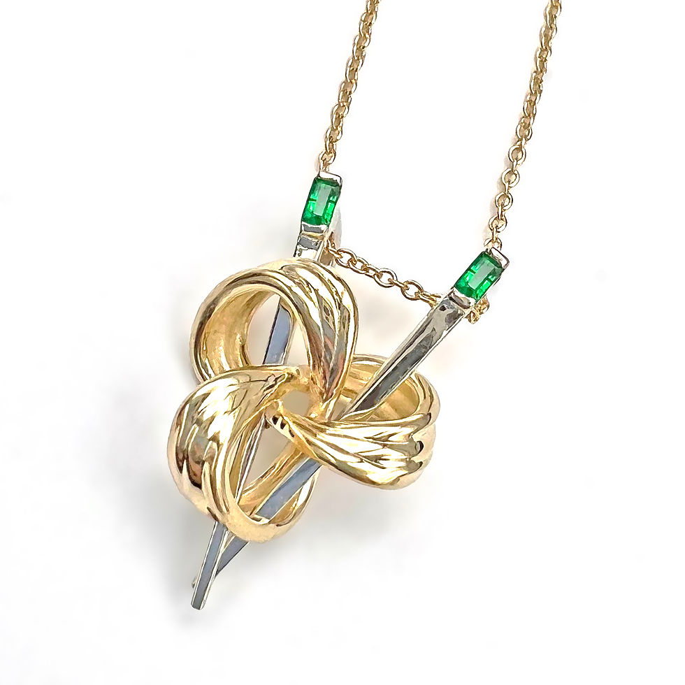 Custom Dim Sum Knot Necklace in 14k with Emerald Baguettes