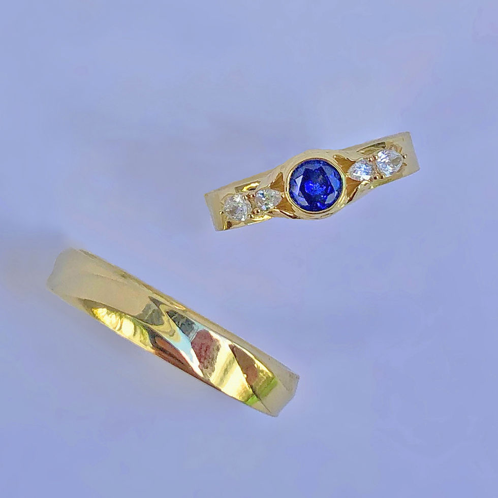 Bespoke Wedding Bands with Fluid Motif, Sapphire and Diamond Bird Ring