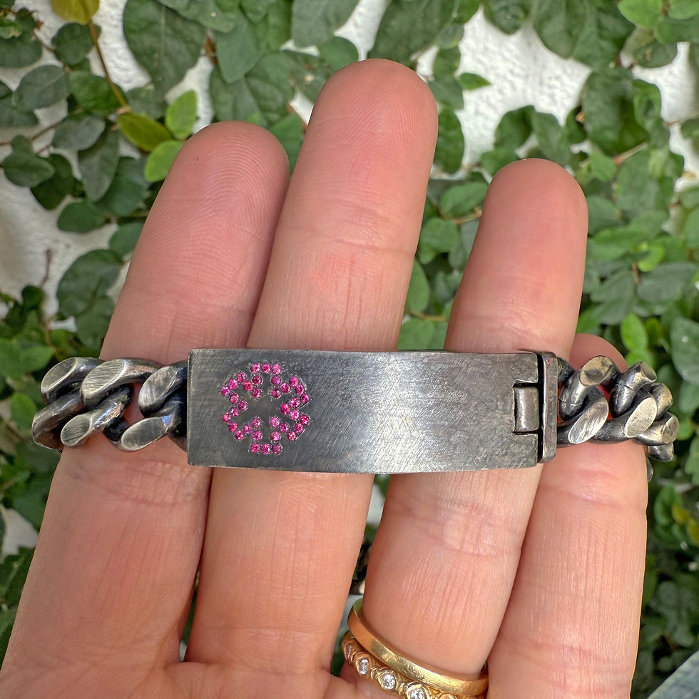 Thumbnail: Custom Mens Medical Alert Bracelet in Oxidized Silver with Ruby Medical Cross