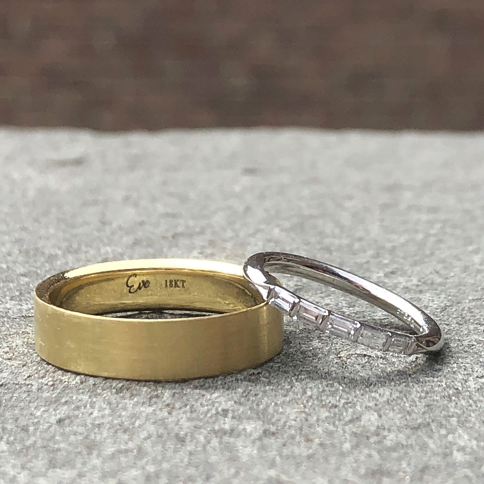 Bespoke Wedding Bands for Him and Her in Matte 18k Yellow Gold and Platinum with Baguette Diamond Spray
