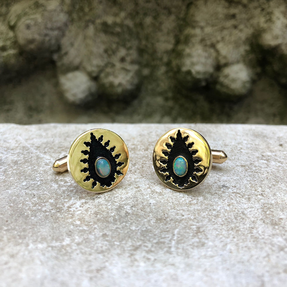Thumbnail: Bespoke Opal Cufflinks With Recessed Blackened Gold Detail in Gold