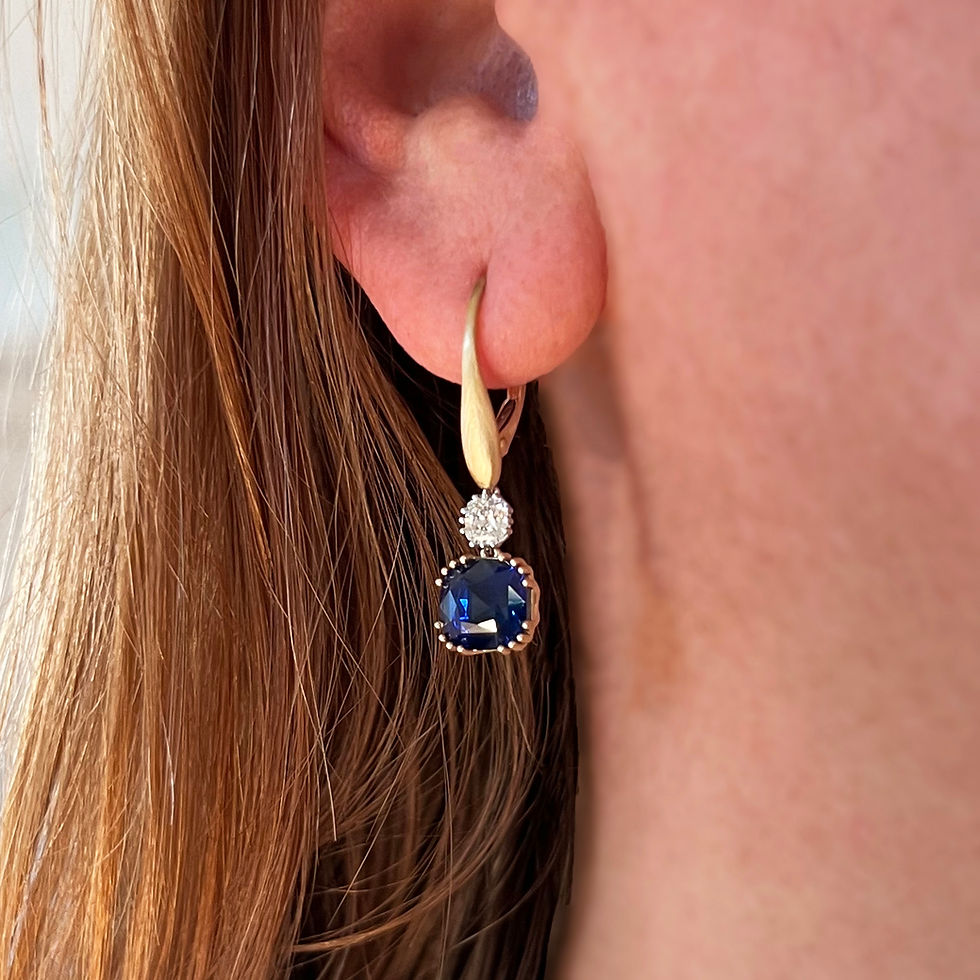 Thumbnail: Cushion Cut Sapphire and Diamond Earrings in 18k Gold and Platinum