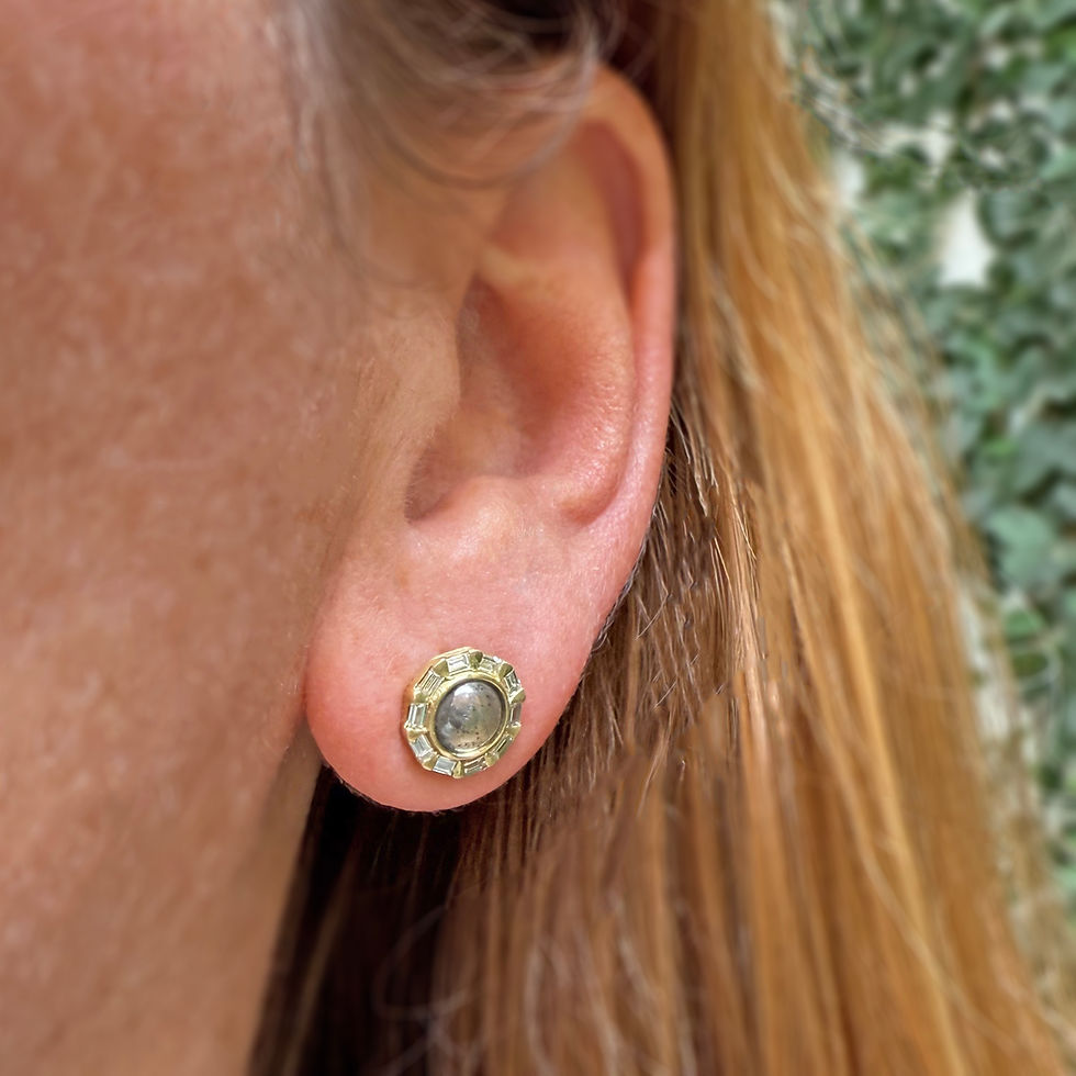 Thumbnail: Diamond Cabochon Stud Earrings with Baguette Halo in 18k Yellow Gold