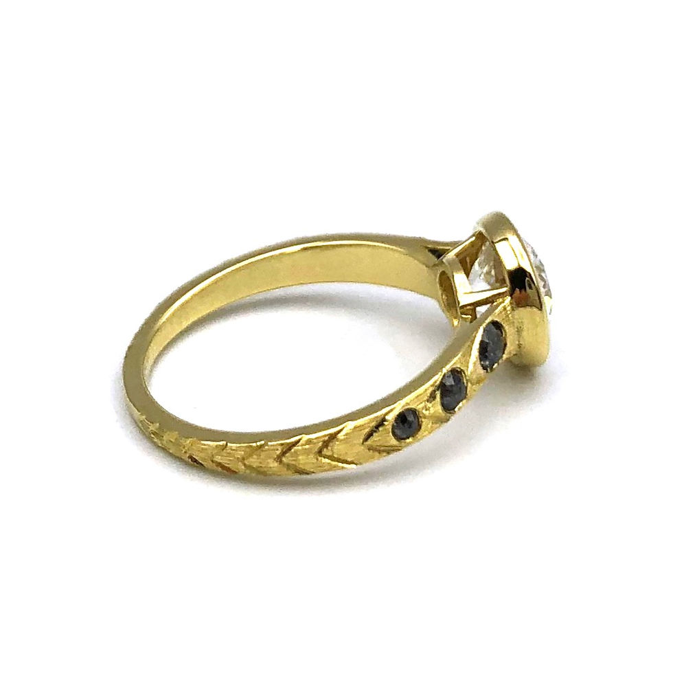 Thumbnail: Bespoke Old European Cut Diamond Ring with Rose Cut Black Diamond and Hand Engraved Detail in 18k Recycled Yellow Gold
