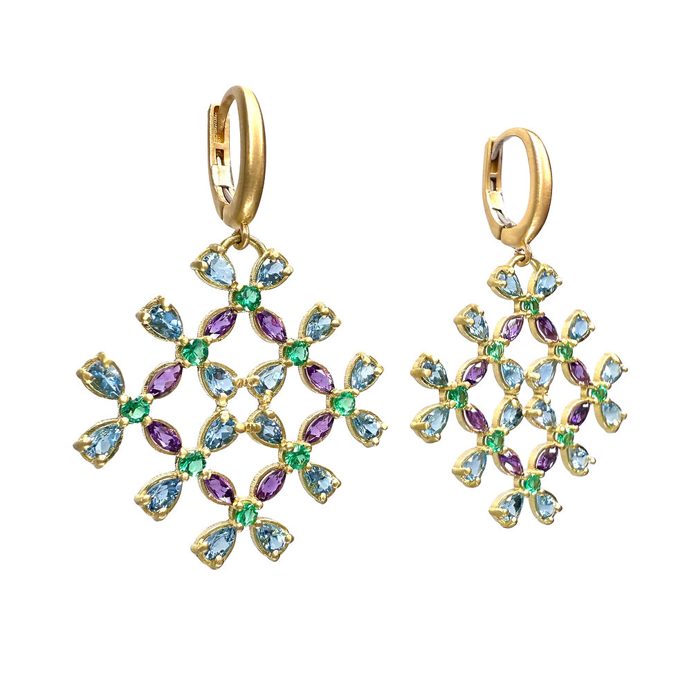 Thumbnail: Jali Earrings with Emerald, Aquamarine, and Amethyst in 18k Yellow Gold