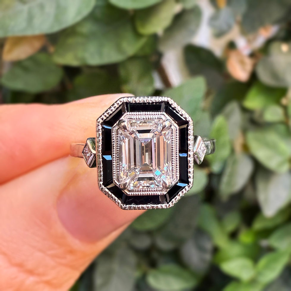 Thumbnail: Emerald Cut Diamond Engagement Ring with Custom Cut Black Spinel Halo in Platinum