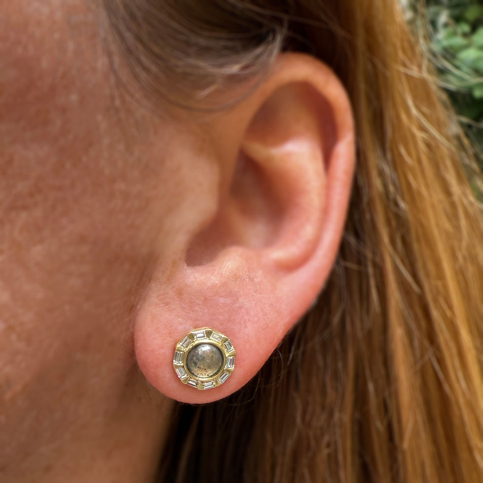Diamond Cabochon Stud Earrings with Baguette Halo in 18k Yellow Gold
