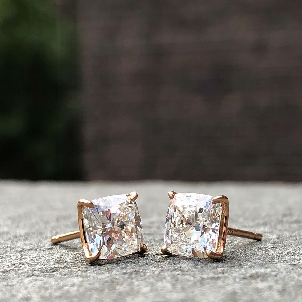 Thumbnail: Cushion Cut Diamond Stud Earring in 18k Rose Gold with Mother of Pearl and Ruby Inlay