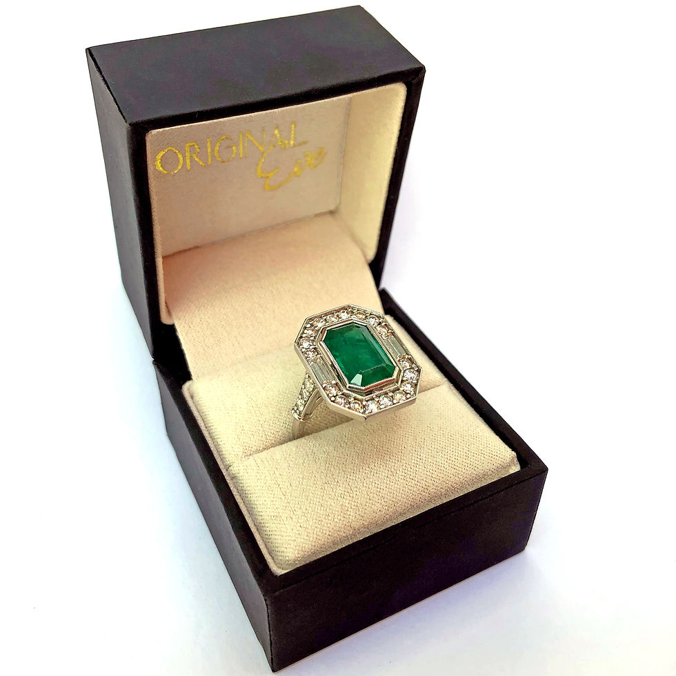 Thumbnail: Deco Emerald Ring with Halo and Baguette Detail in Platinum, Emerald Heirloom Redesign Ring