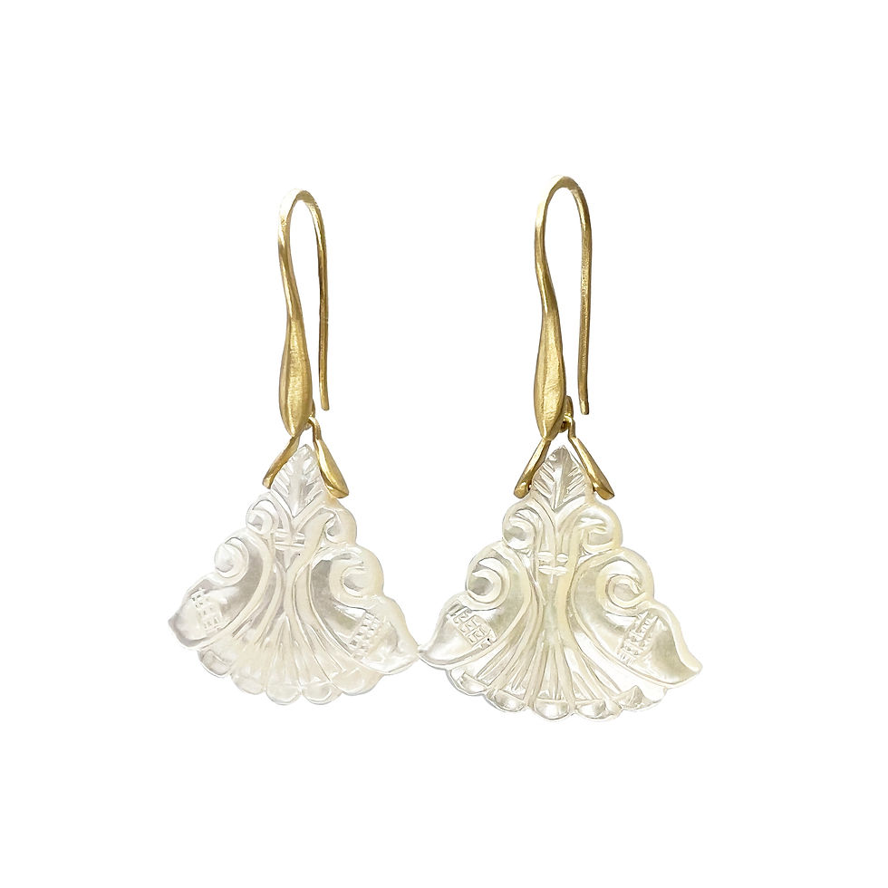 Thumbnail: Fan-Shaped Mother of Pearl Carved Trapeze Earrings in 18k Yellow Gold