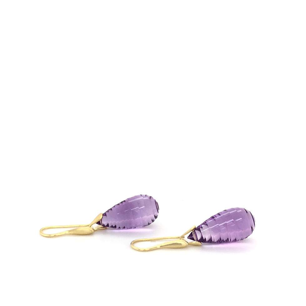 Thumbnail: Tear Drop Carved Amethyst Trapeze Earrings | 18k Recycled Yellow Gold