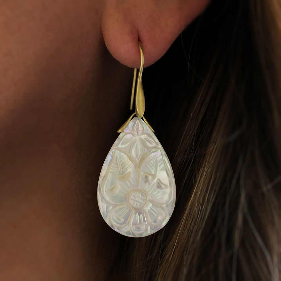 Tear-Shaped Carved Mother-of-Pearl Trapeze Earrings in 18k Recycled Gold