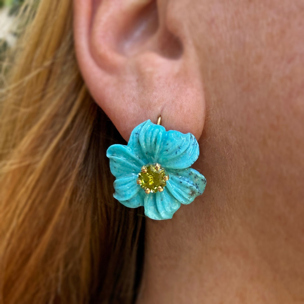 Treasure Chest Turquoise and Peridot Flower Drop Earrings in 18k yellow gold