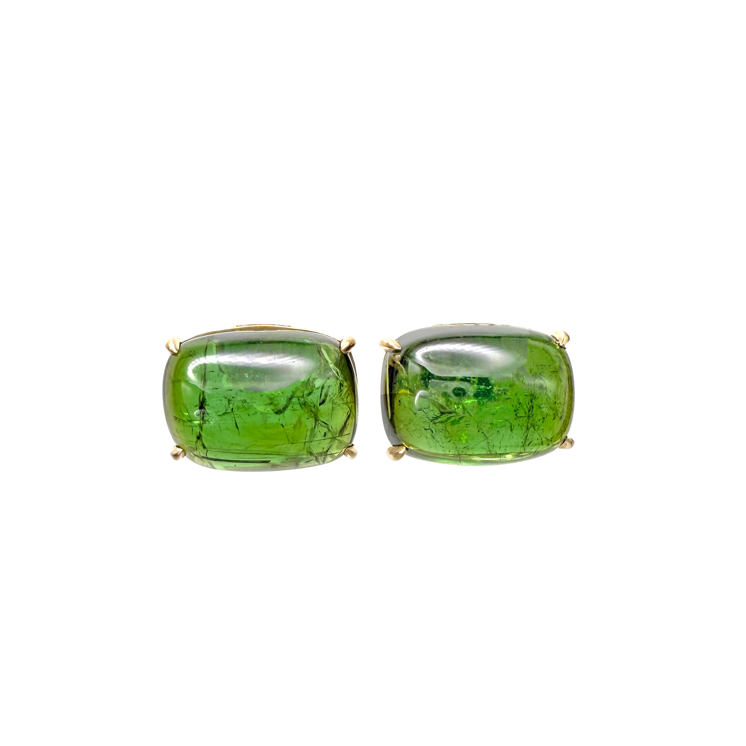 Green Tourmaline Rectangular Cabochon Earrings in 18kyg