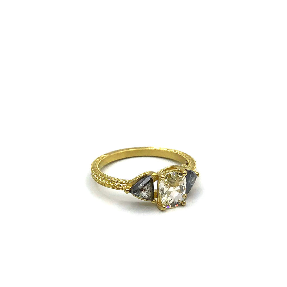 Thumbnail: Bespoke Antique Cushion Cut Diamond, Salt and Pepper Gray Diamond Ring with Hand Engraving Detail in 18k Recycled Yellow Gold