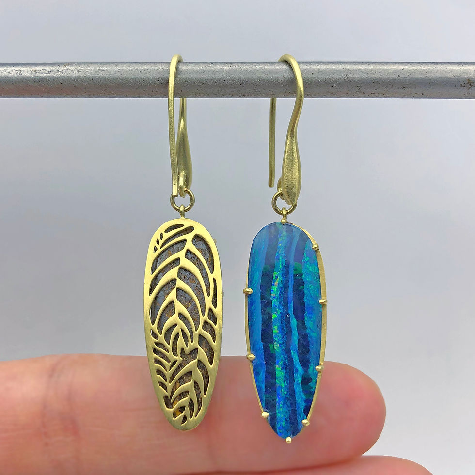 Thumbnail: Jungle Striped Australian Opal Earrings in 18k Recycled Yellow Gold with Leaf Pattern Detail