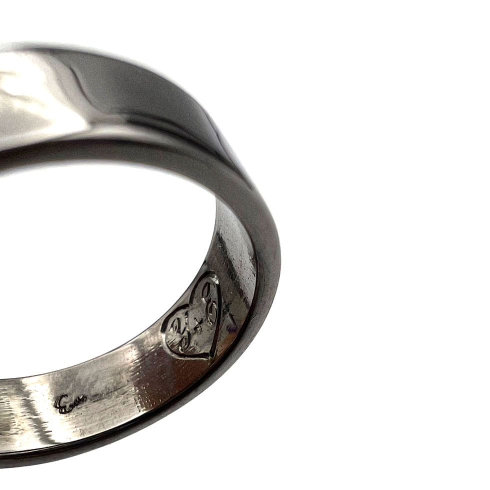 Thumbnail: Custom wedding bands in 18k Recycled Yellow Gold and 14k Gold with Black Rhodium and Hand Engraved Details