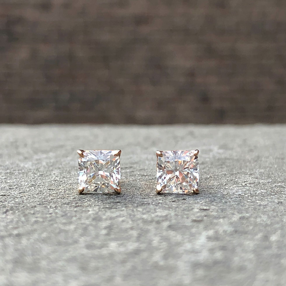 Thumbnail: Cushion Cut Diamond Stud Earring in 18k Rose Gold with Mother of Pearl and Ruby Inlay