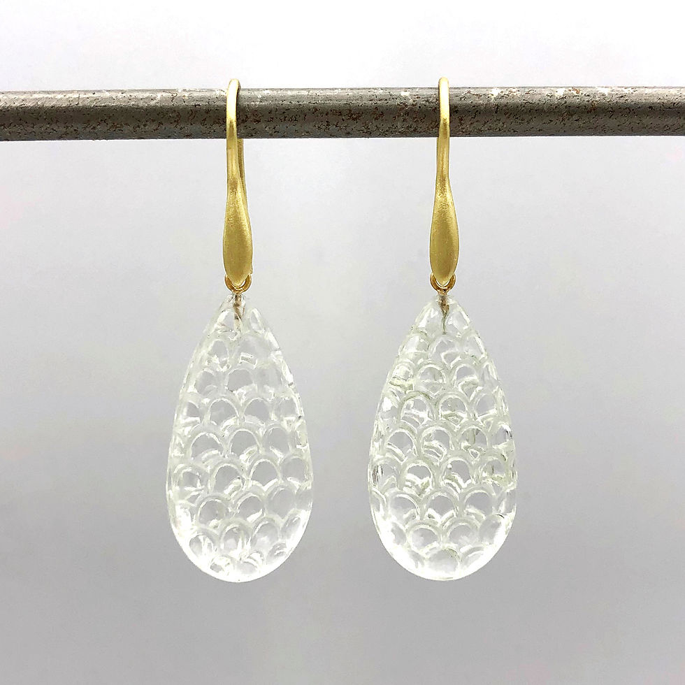 Thumbnail: Scallop Pattern Hand-Carved Rock Crystal Drop Earrings in 18k Recycled Yellow Gold