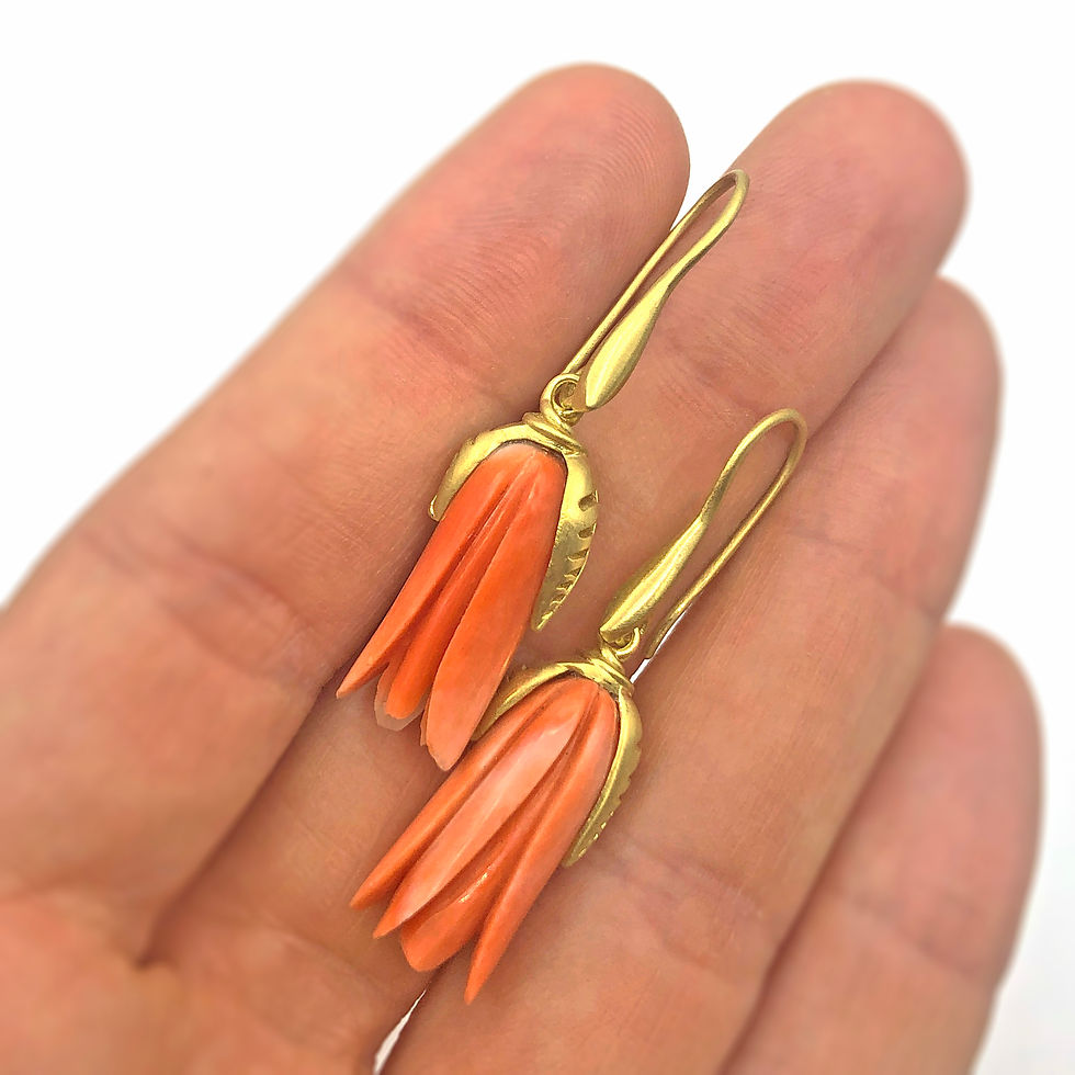 Thumbnail: Carved Antique Coral Hibiscus Earrings in 18kyg