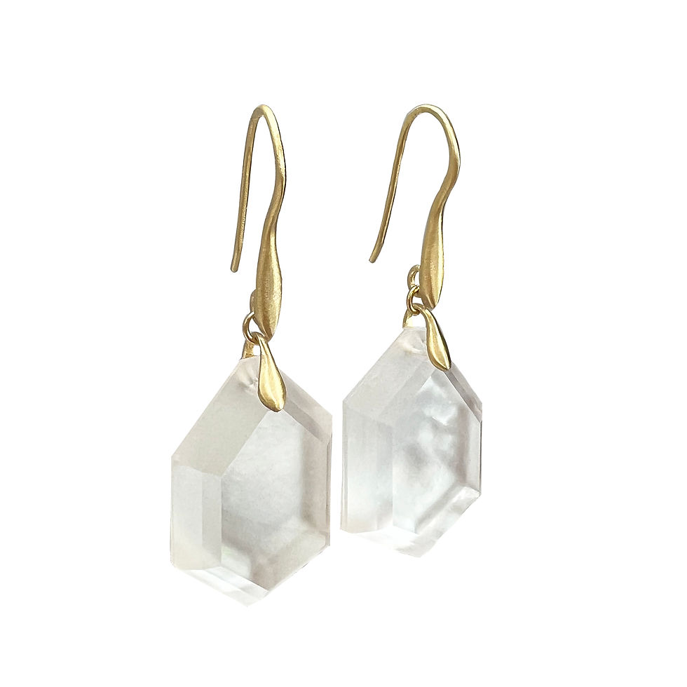 Thumbnail: Hexagonal Mother of Pearl and Quartz Dancing Earrings in 18k Yellow Gold