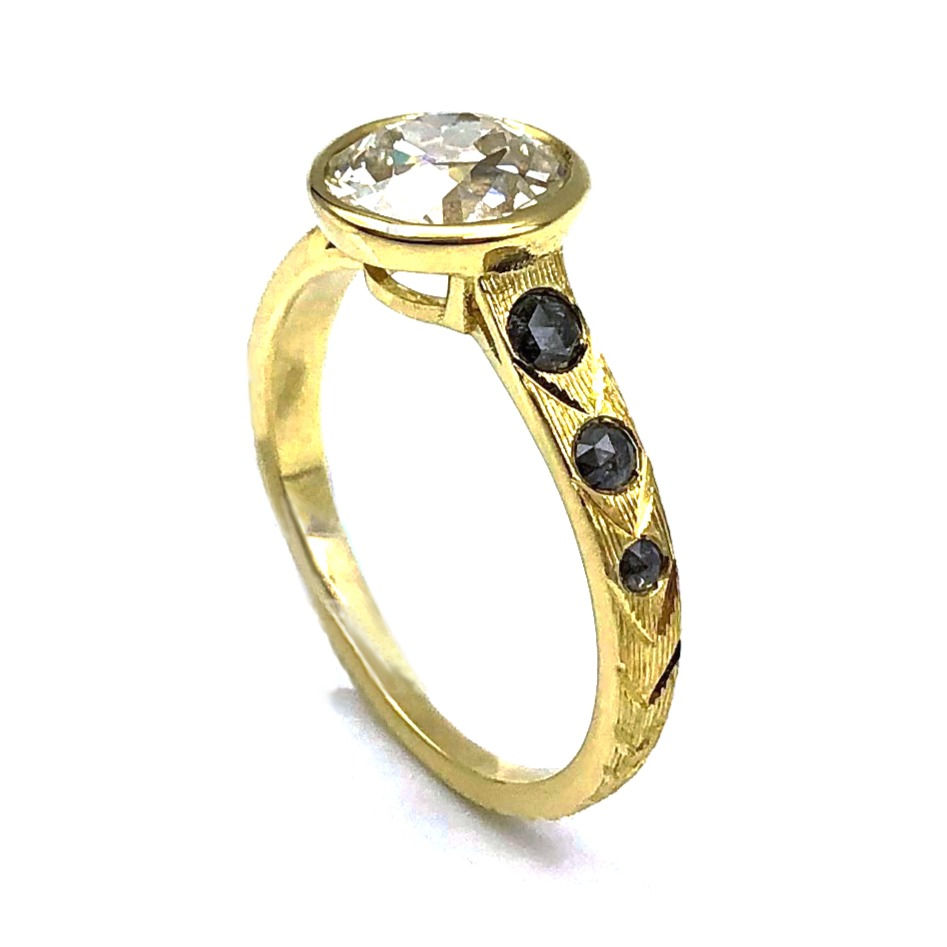 Thumbnail: Bespoke Old European Cut Diamond Ring with Rose Cut Black Diamond and Hand Engraved Detail in 18k Recycled Yellow Gold