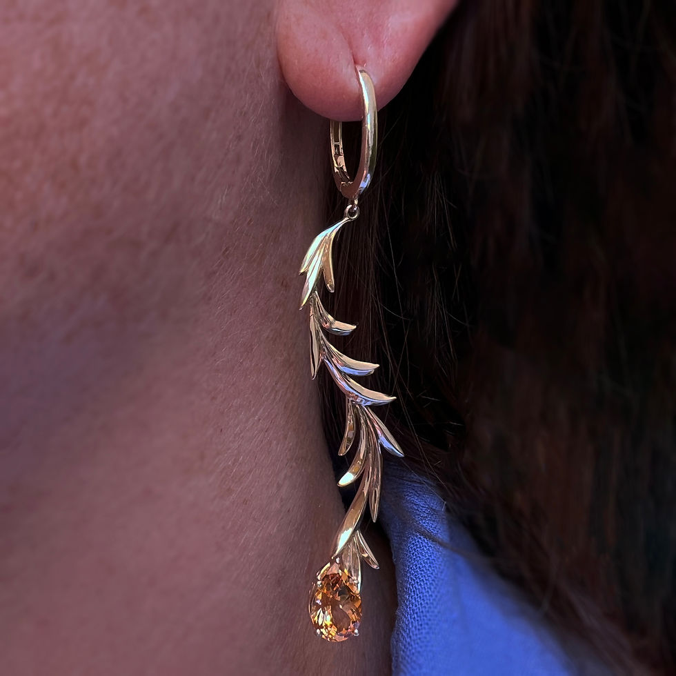 Imperial Topaz Long Drop Leaf Earring in 14k yellow gold