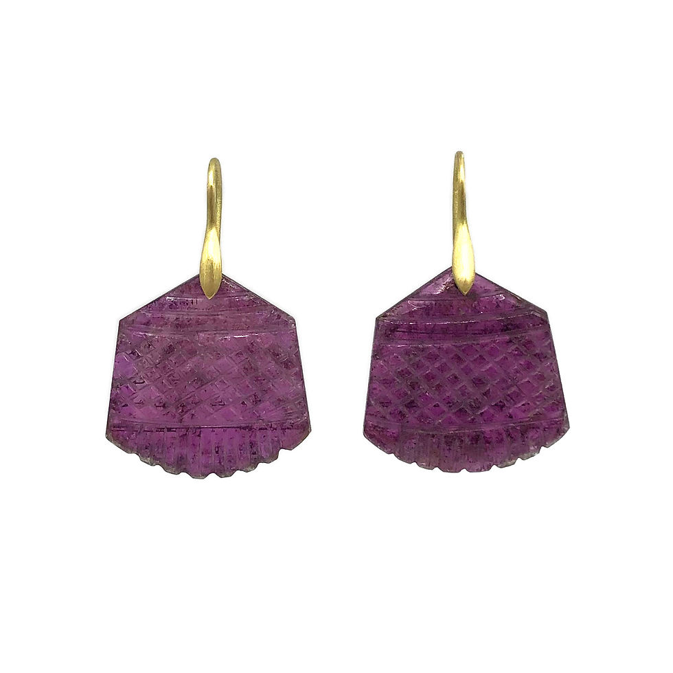 Thumbnail: Hand-Carved Raspberry Red Tourmaline Earrings in 18k Recycled Yellow Gold