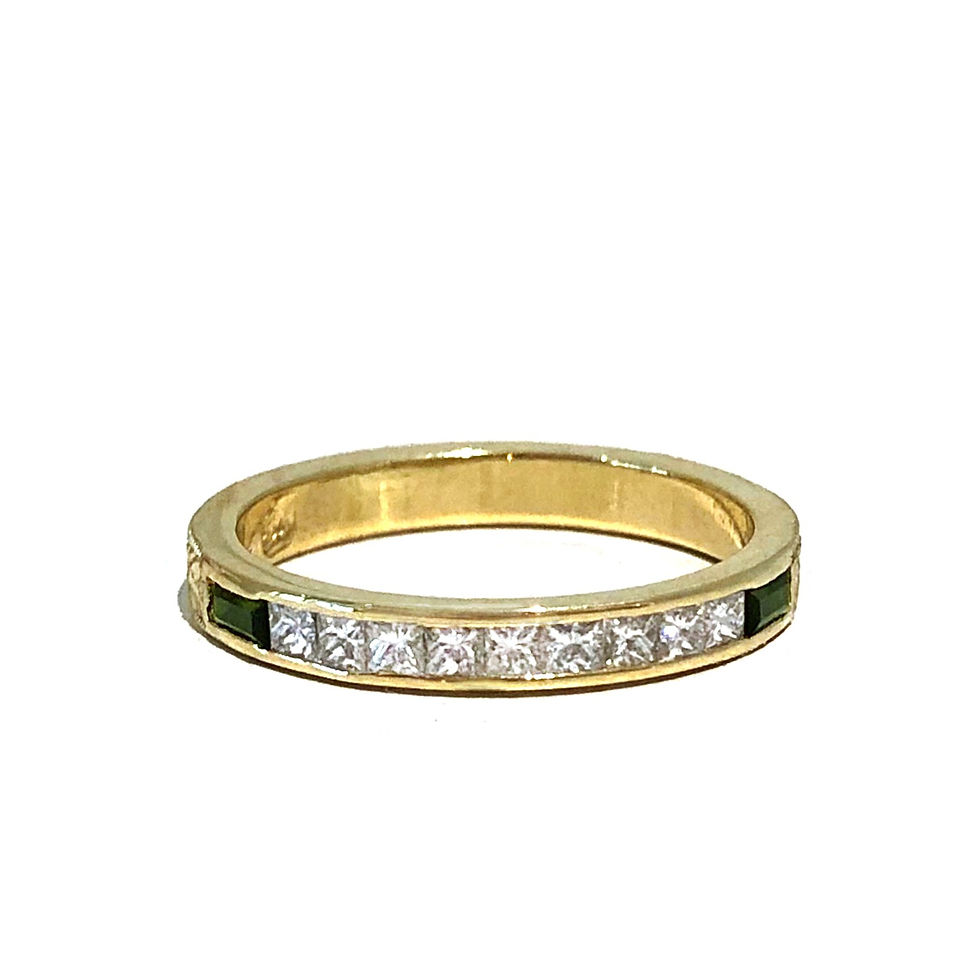 Bespoke Princess Cut Diamond and Green Tourmaline Baguette Channel Set Ring with Modern Wheat Pattern Engraving in 18k