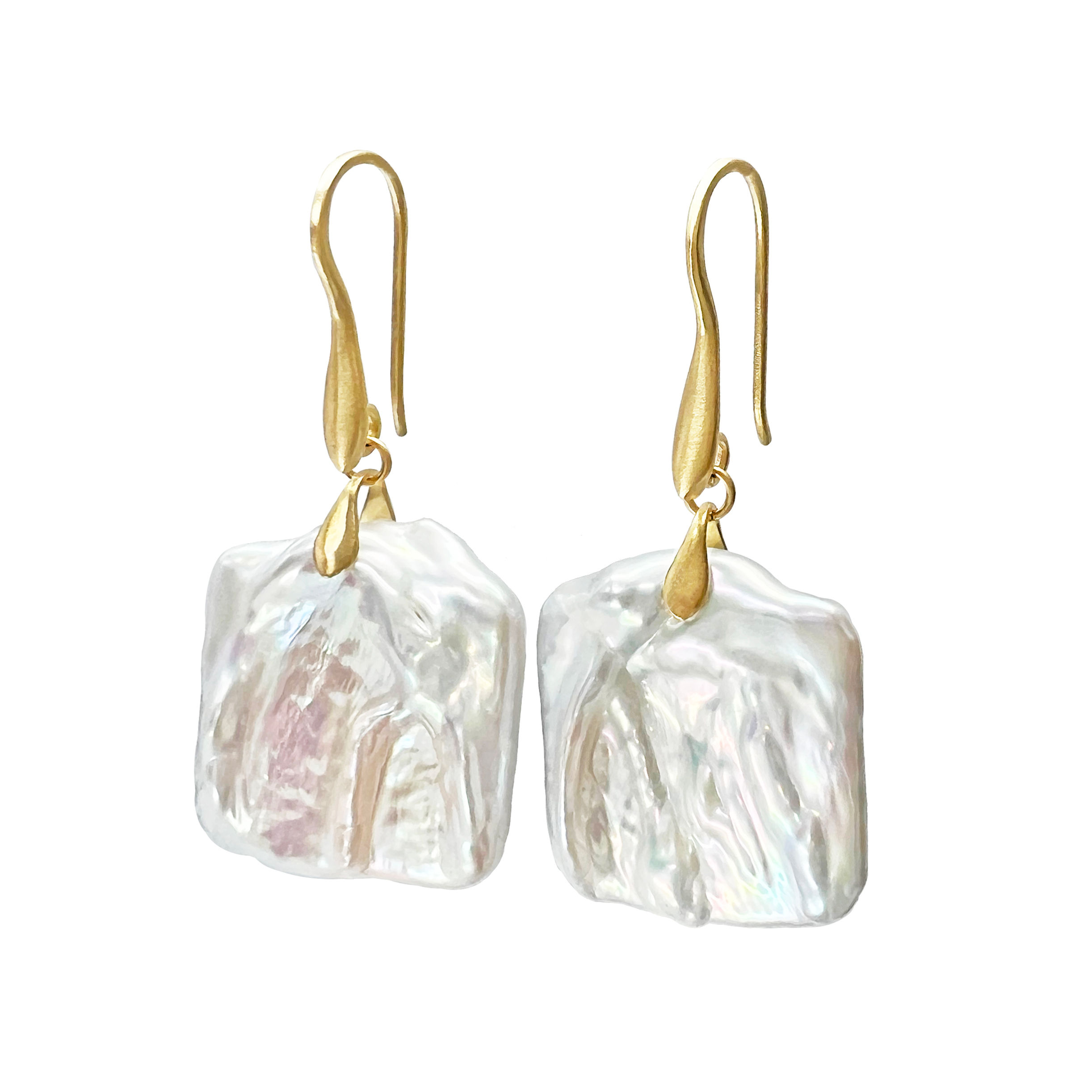 Baroque Square Freshwater Pearl Dancing Earrings in 18k Yellow Gold