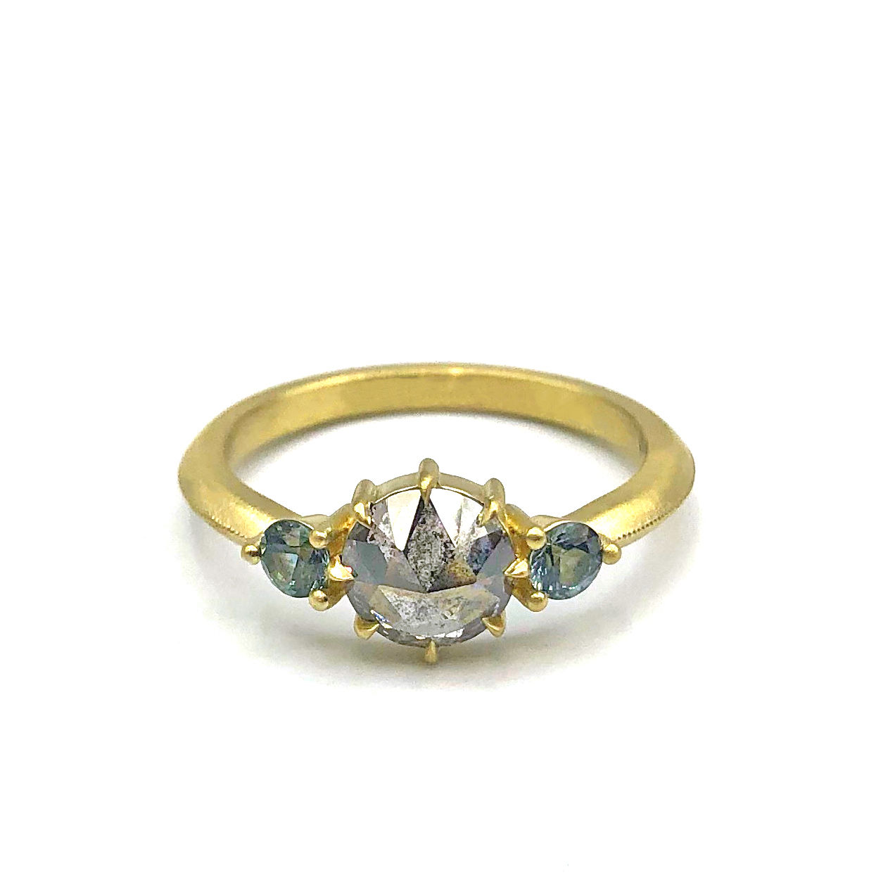 Kingsley 0.94 carat Rose Cut Gray Diamond and Montana Sapphire Ring