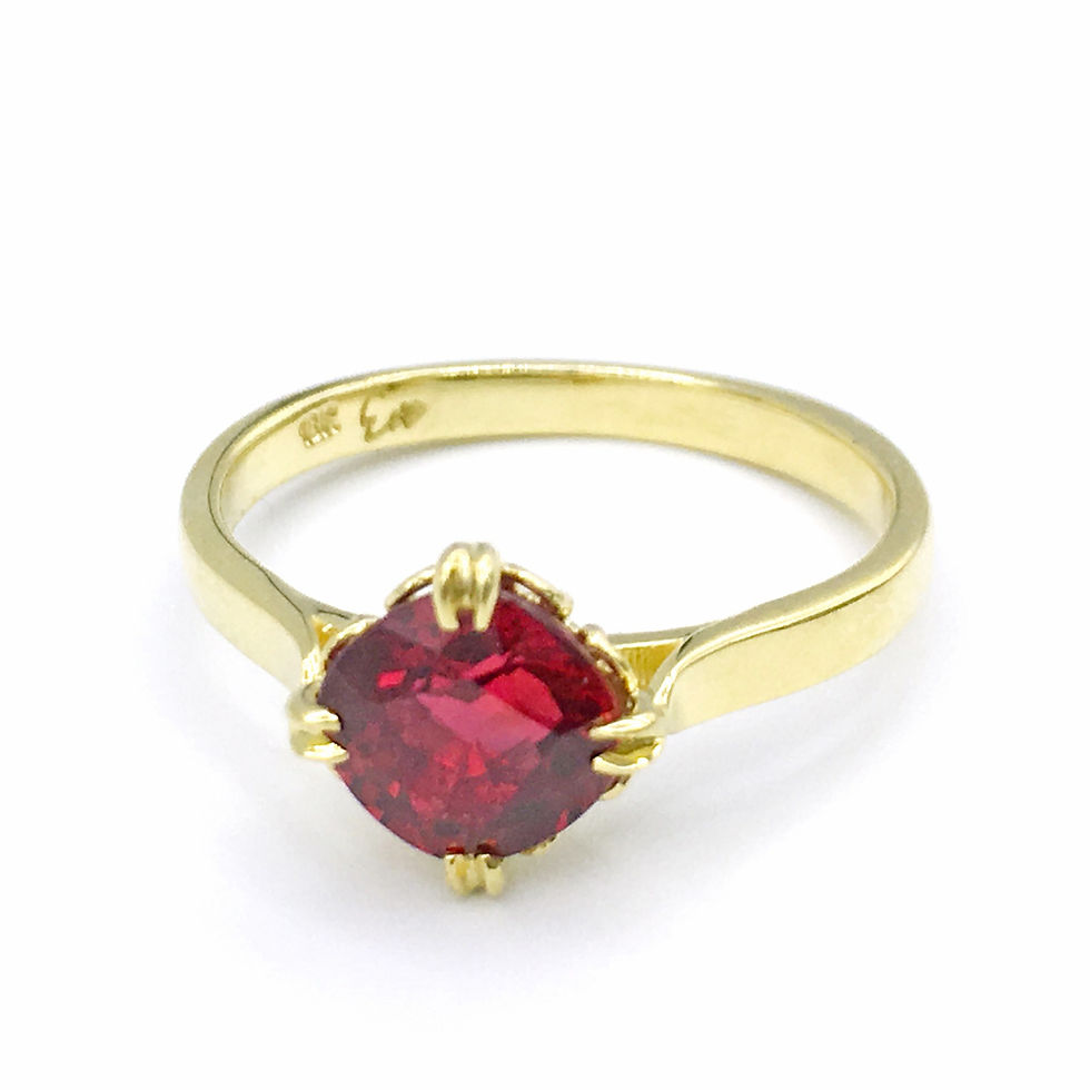 Bespoke Cushion Cut Ruby Ring Set on Axis with Scroll Pattern Basket and Personalized Engraving in 18k Recycled Yellow Gold