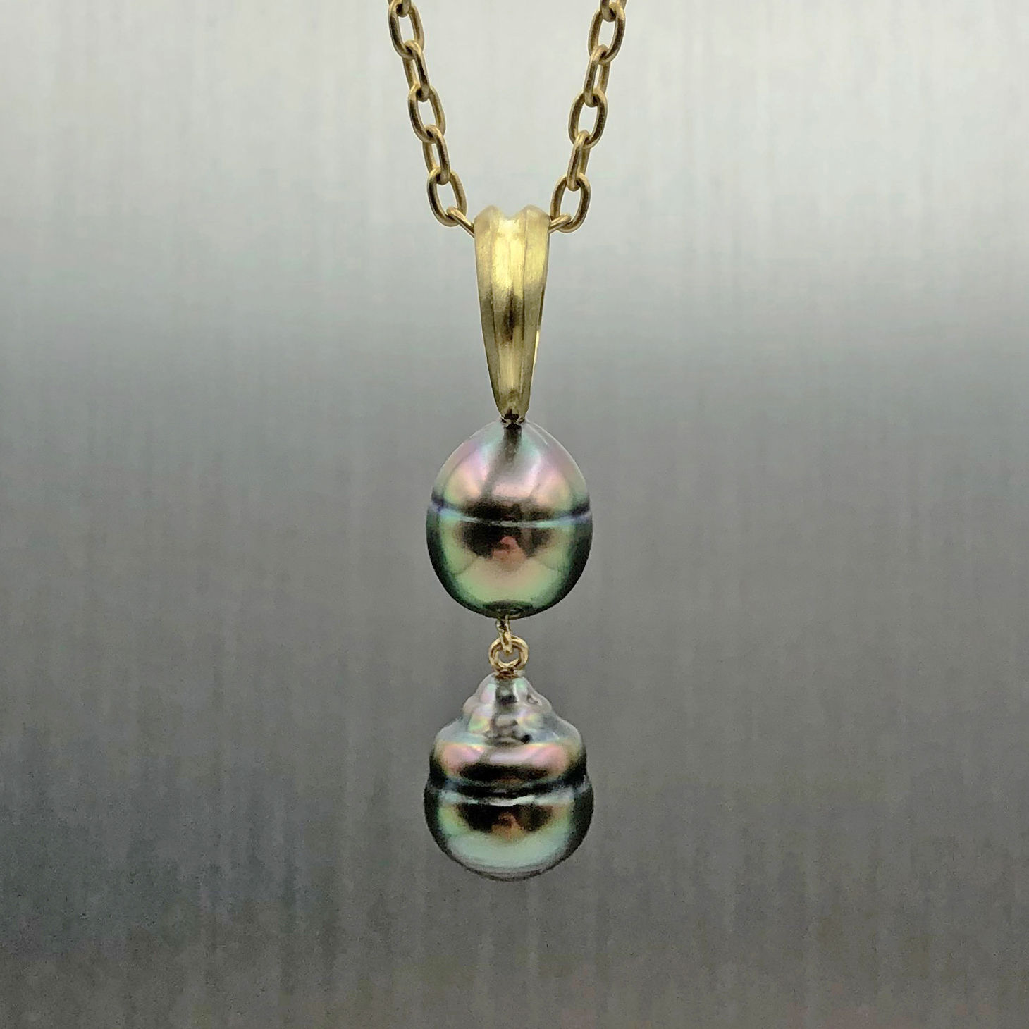 Double Drop Circled Tahitian Pearl Pendant with Ridged Ring in 18k Recycled Yellow Gold