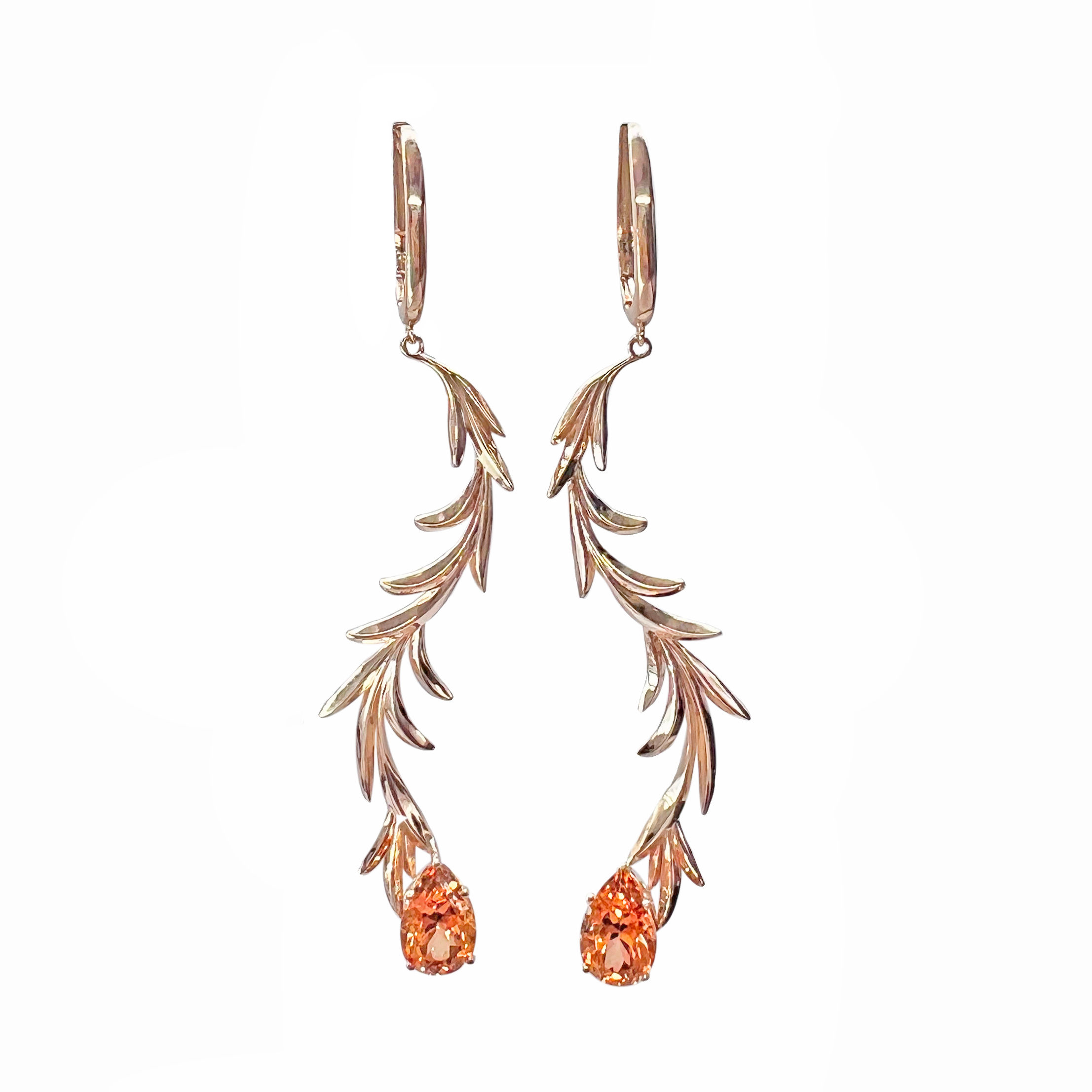 Imperial Topaz Long Drop Leaf Earring in 14k yellow gold