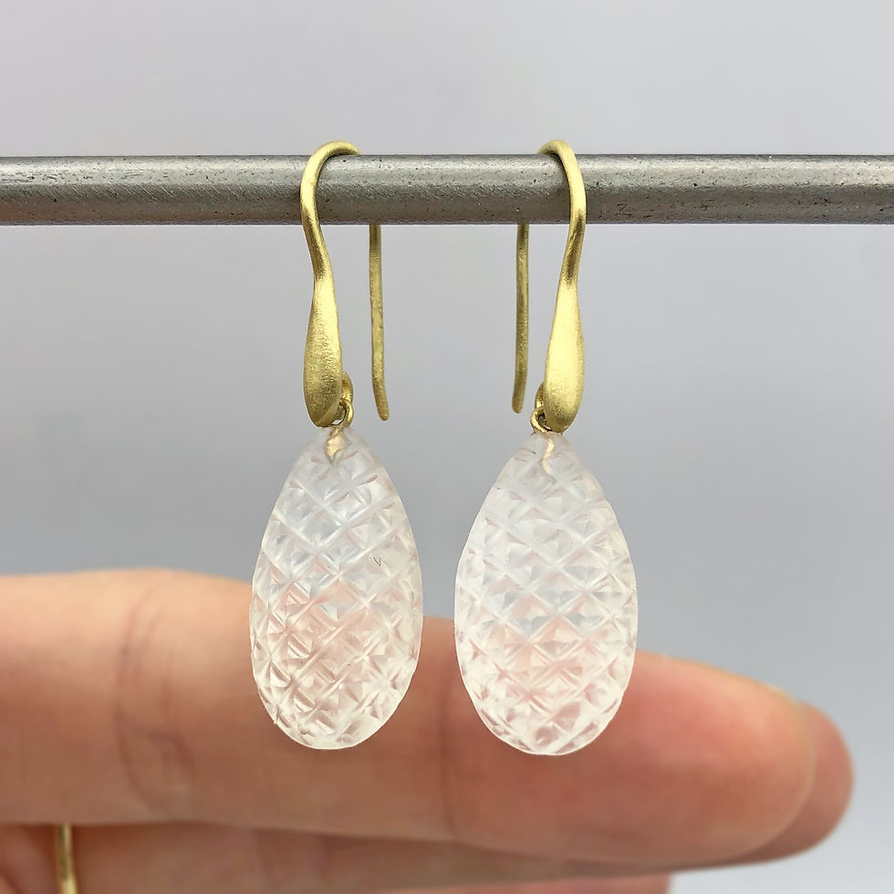 Thumbnail: Frosted Carved Rock Crystal Drop Earrings in 18k Recycled Yellow Gold