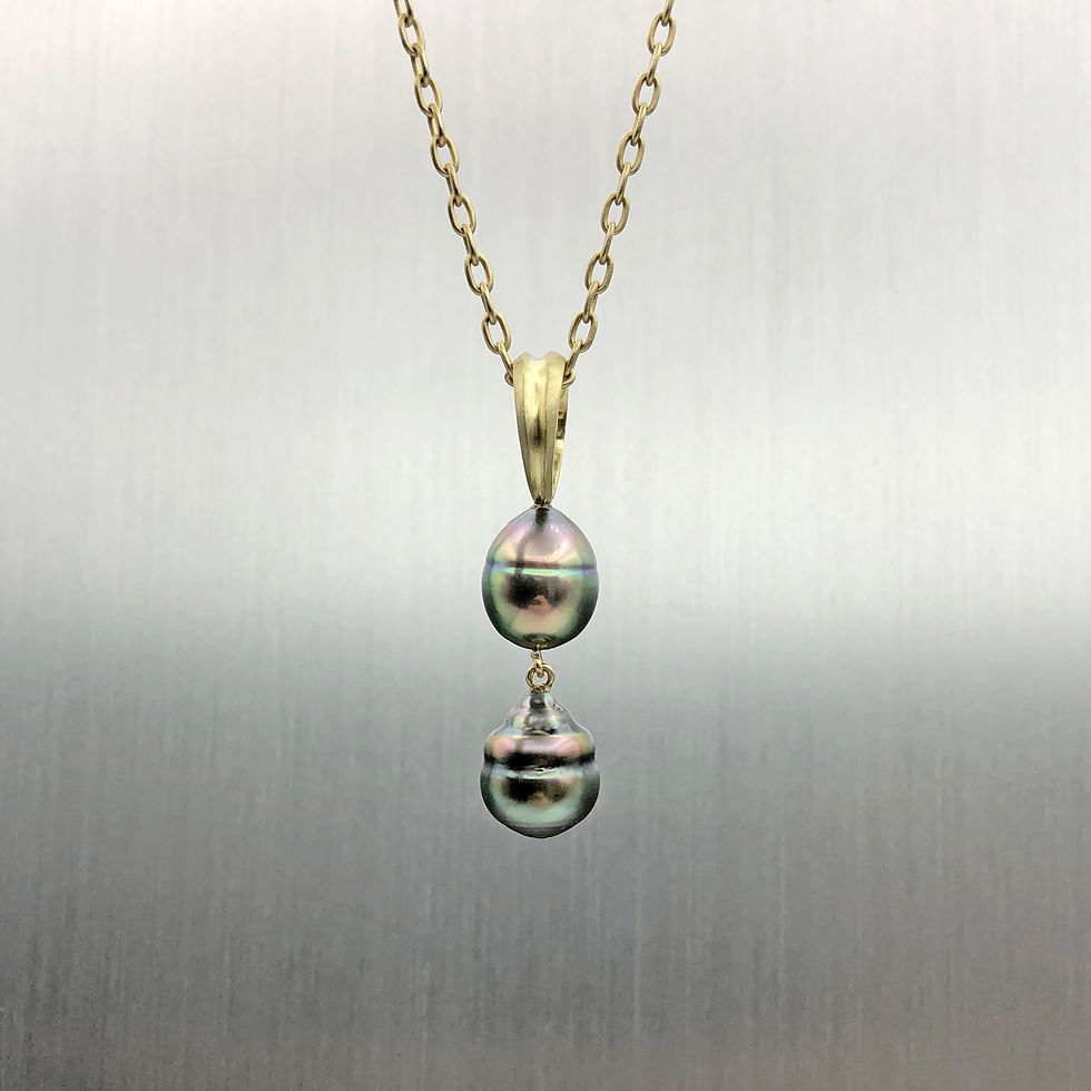 Thumbnail: Double Drop Circled Tahitian Pearl Pendant with Ridged Ring in 18k Recycled Yellow Gold