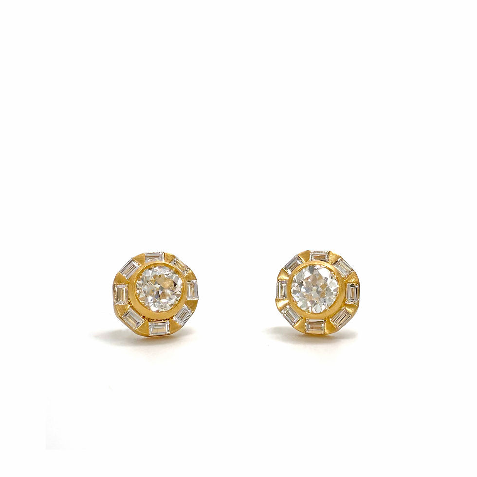 Thumbnail: Old European Diamond and Baguette Diamond Halo West Side Studs 18kyg
