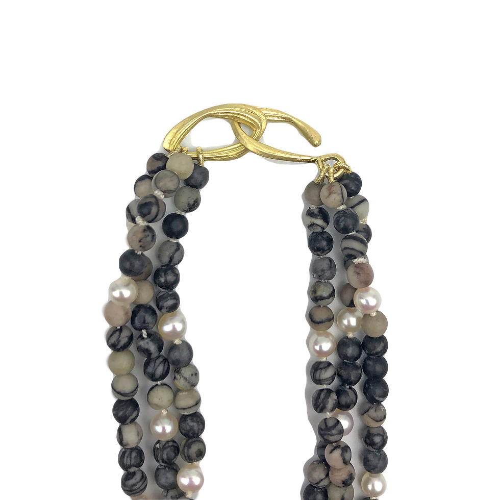Thumbnail: Spider Web Jasper and Pearl Triple Strand Necklace