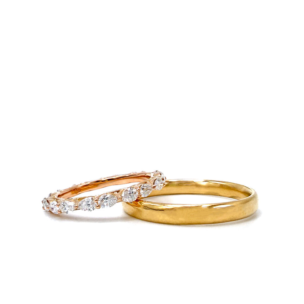 18k Yellow Gold Men's Wedding band and Pear Shaped Diamond Eternity Band with Trellis Detail in 18krg