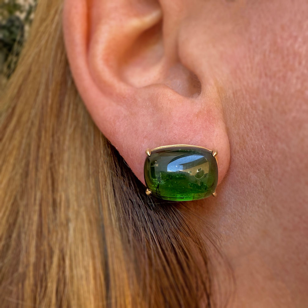 Green Tourmaline Rectangular Cabochon Earrings in 18kyg