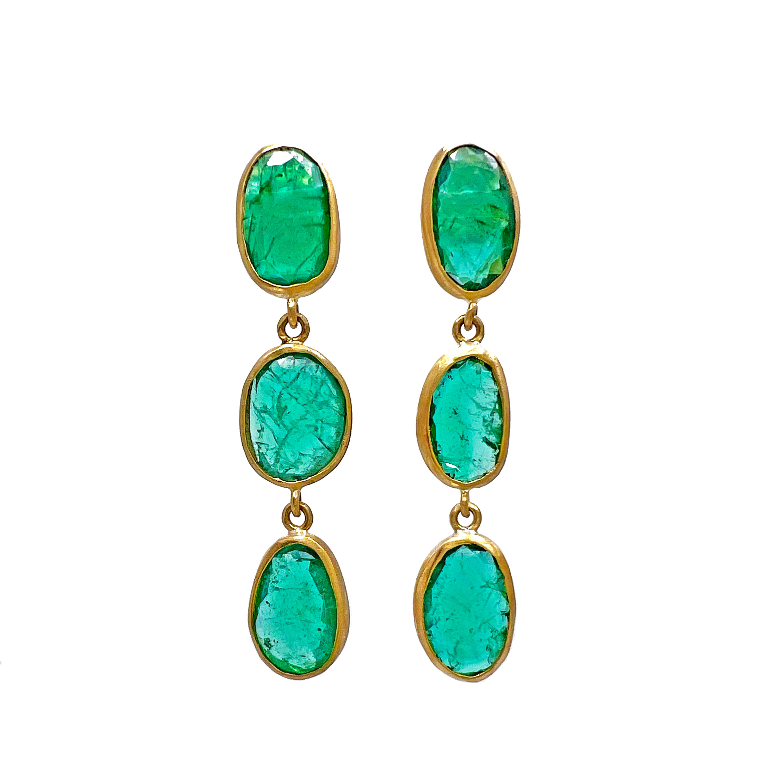 10.10ctw Zambian Emerald Triple Drop Earrings in 18k yellow gold