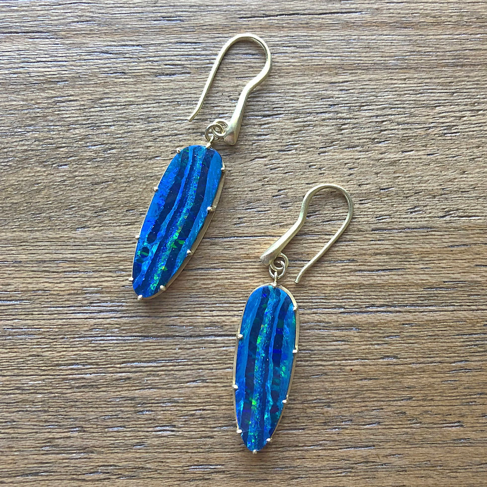 Thumbnail: Jungle Striped Australian Opal Earrings in 18k Recycled Yellow Gold with Leaf Pattern Detail