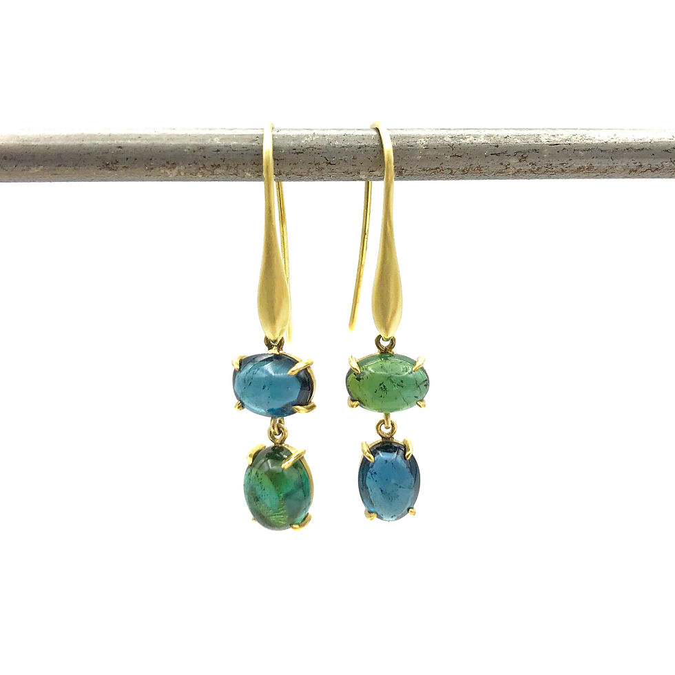 Thumbnail: Blue and Green Asymmetrical Tourmaline Cabochon Drop Earrings in 18k Recycled Yellow Gold