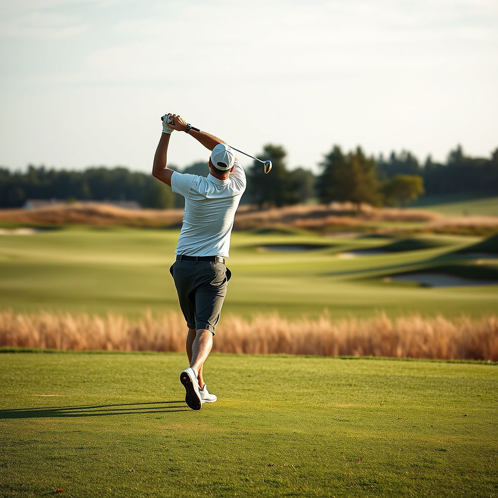 Golfer swings a club on a sunny course, wearing a white cap and shirt. Green fairways and trees in the background, calm mood.