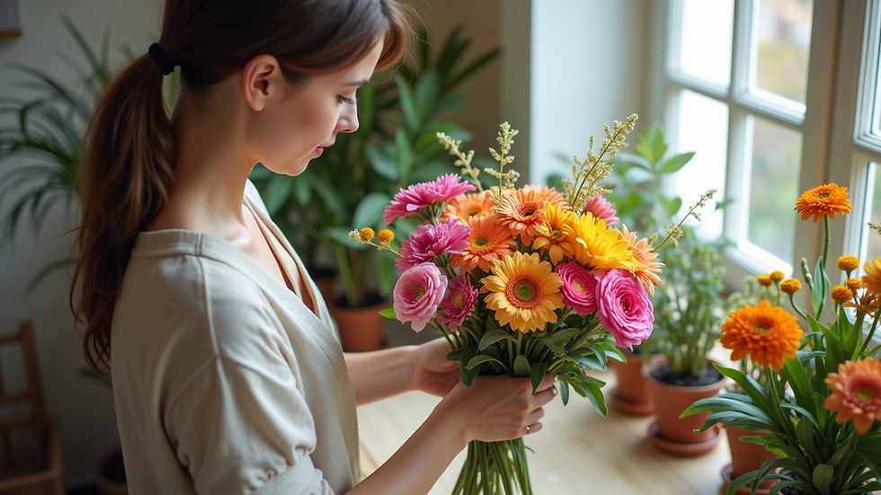 High angle view of a florist arranging a colorful bouquet in a bright studio