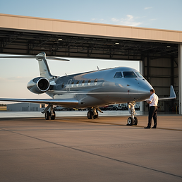 Silver private jet on tarmac with pilot and hangar