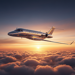 Sleek private jet flying over clouds at sunset