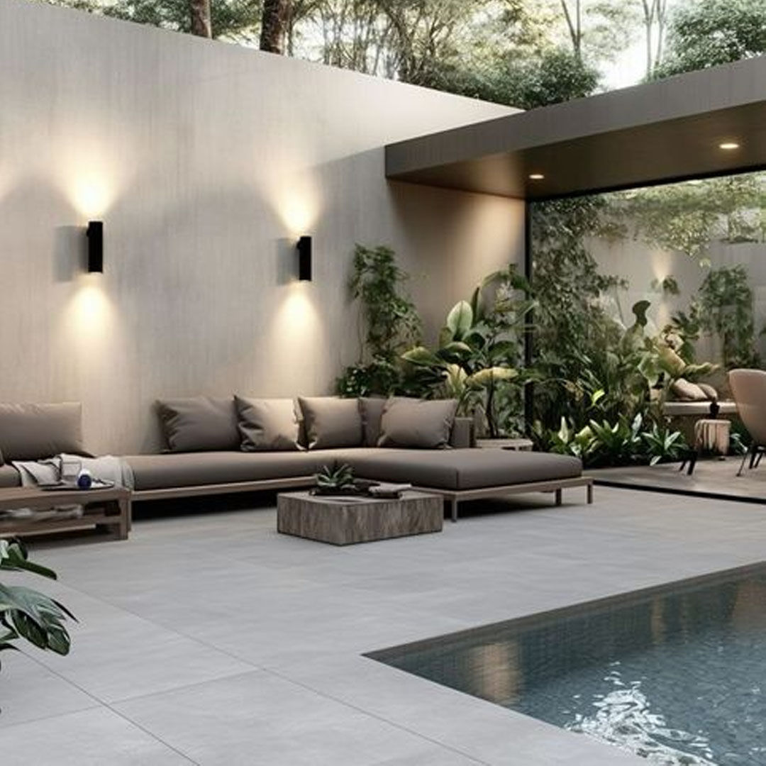 Vista de Terraza y piscina con PORCELANATO 60X120 CM SPLENDORE GREY