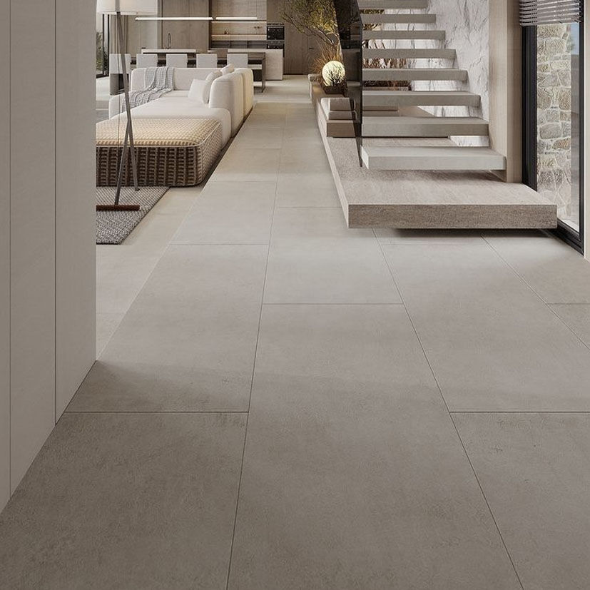 Vista de sala con ceramica para piso 60x120 cm Concret Light